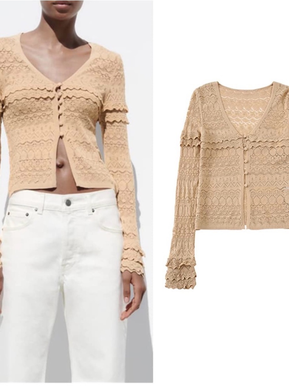 Zara Beige Crochet Knit Long Sleeve Top